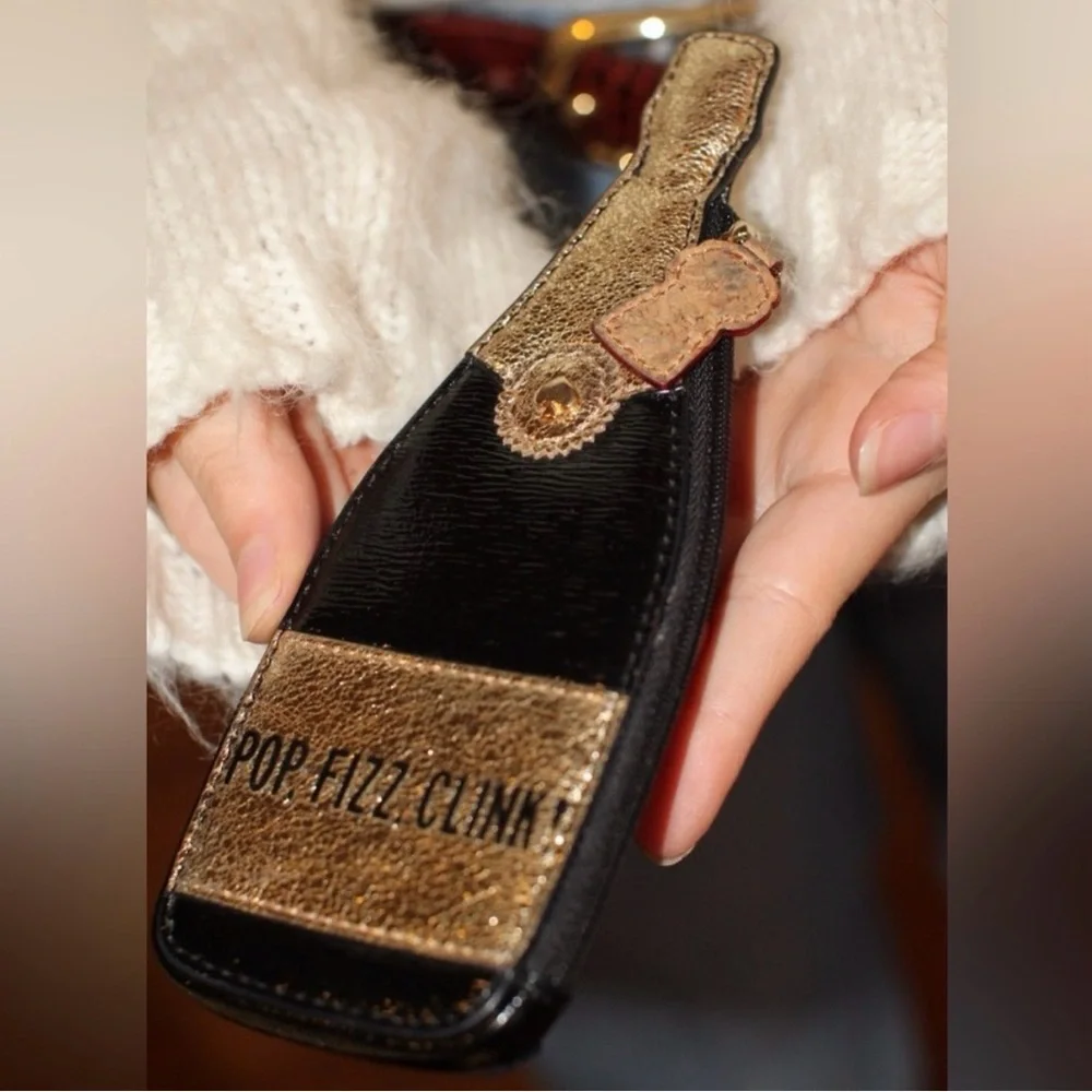 Kate Spade New York Pop Fizz Clink! Champagne Bottle Coin Purse Gold Black NWOT